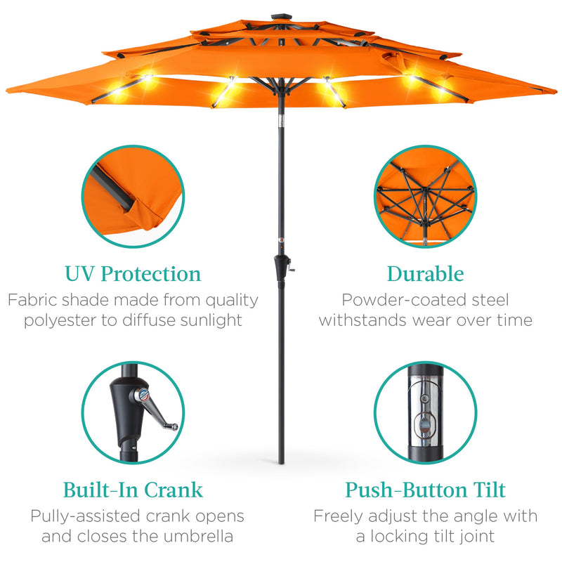 3-Tier Solar Patio Umbrella w/ LED Lights, Tilt Adjustment, Crank - 10ft - Kivo Store