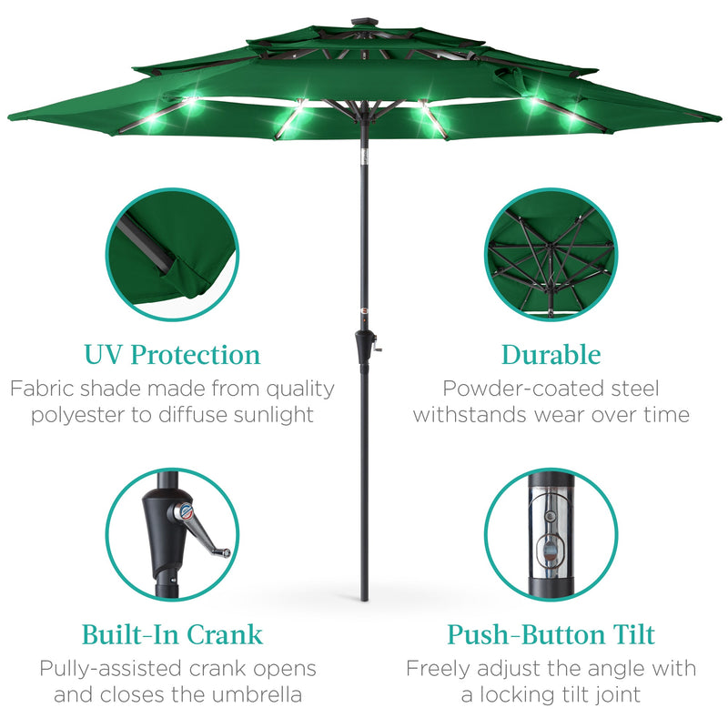 3-Tier Solar Patio Umbrella w/ LED Lights, Tilt Adjustment, Crank - 10ft - Kivo Store