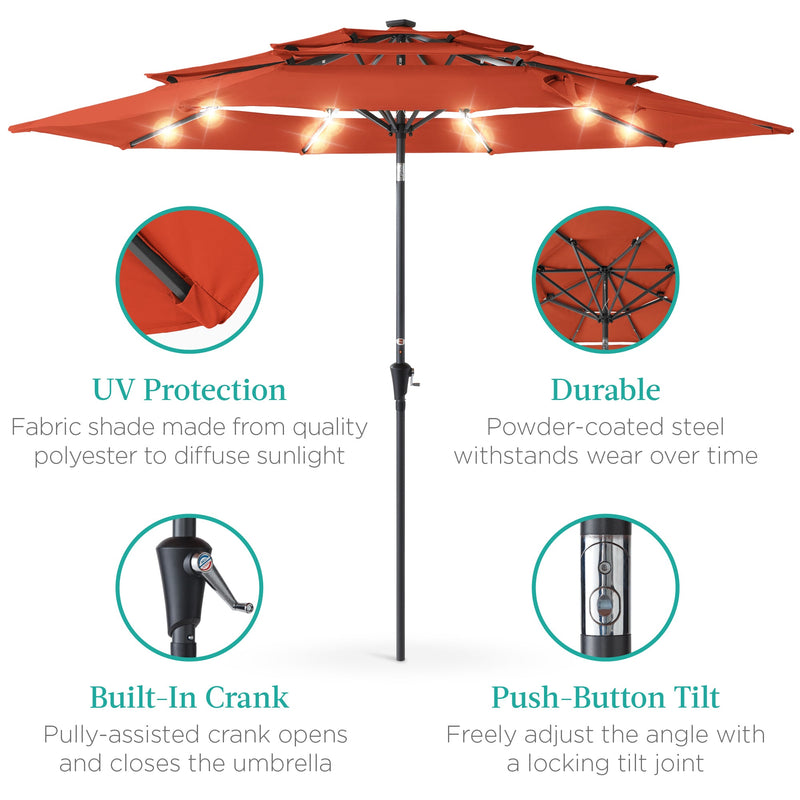 3-Tier Solar Patio Umbrella w/ LED Lights, Tilt Adjustment, Crank - 10ft - Kivo Store