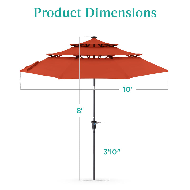 3-Tier Solar Patio Umbrella w/ LED Lights, Tilt Adjustment, Crank - 10ft - Kivo Store