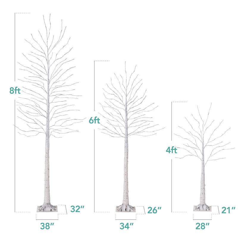 Set of 3 Lighted Twig Birch Trees, 4ft, 6ft, 8ft w/ 300 2-in-1 LEDs