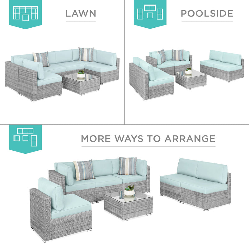 7-Piece Modular Wicker Sectional Conversation Set w/ 2 Pillows, Cover - Kivo Store