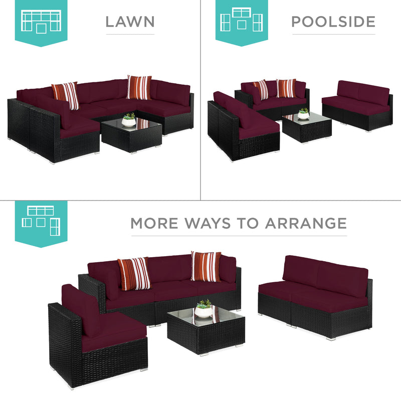 7-Piece Modular Wicker Sectional Conversation Set w/ 2 Pillows, Cover
