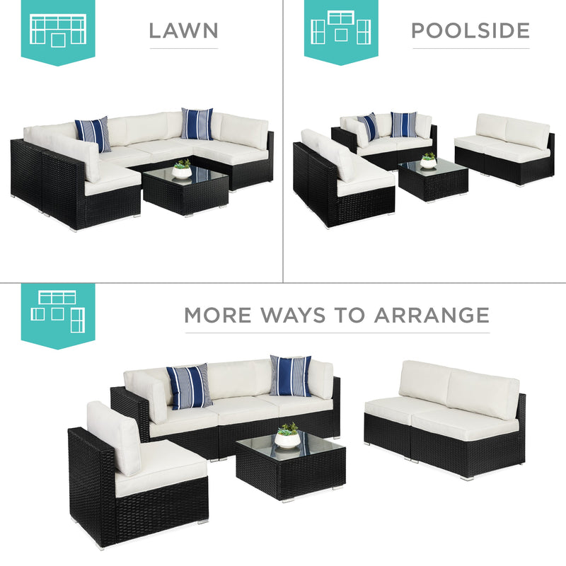 7-Piece Modular Wicker Sectional Conversation Set w/ 2 Pillows, Cover
