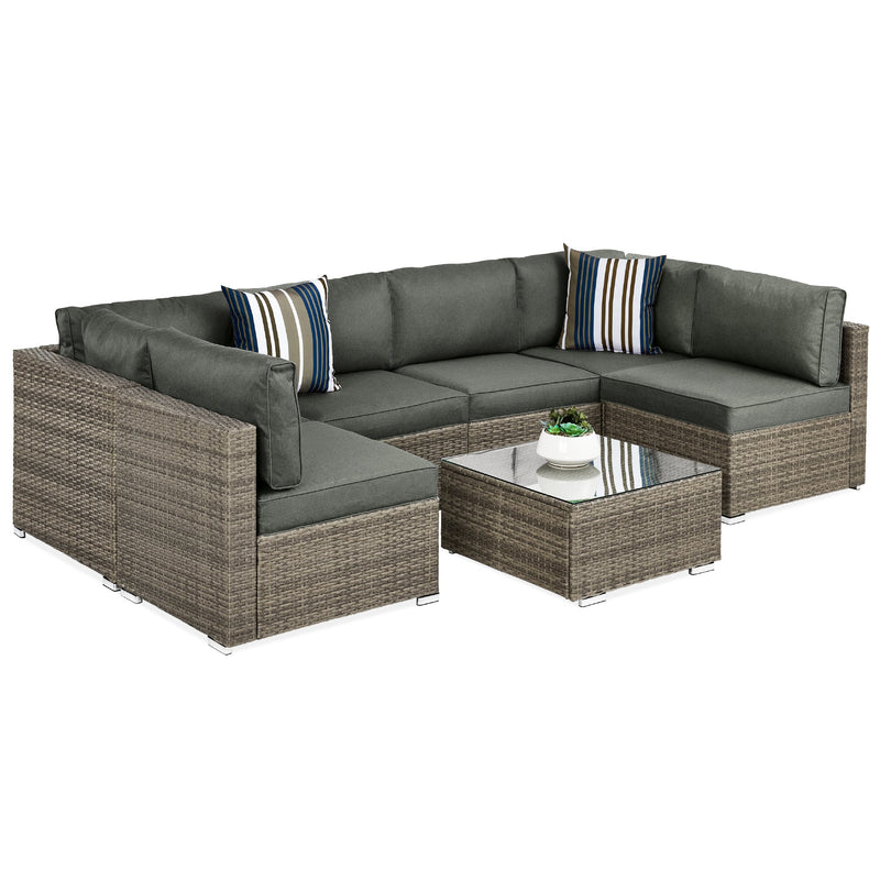 7-Piece Modular Wicker Sectional Conversation Set w/ 2 Pillows, Cover