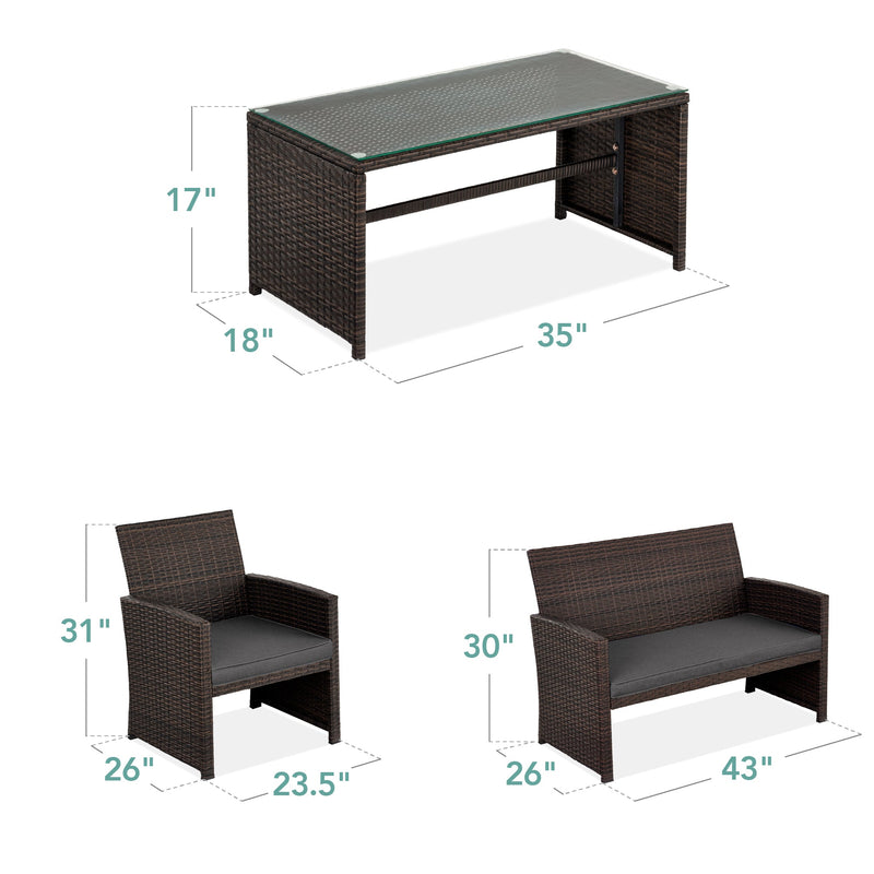4-Piece Outdoor Wicker Conversation Patio Set w/ 4 Seats, Glass Table Top - Kivo Store