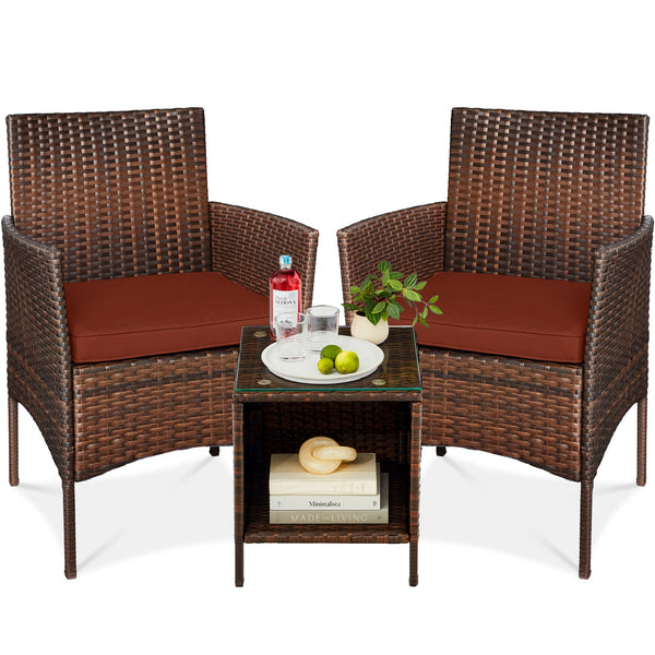 3-Piece Outdoor Patio Wicker Bistro Set w/ Side Storage Table - Kivo Store