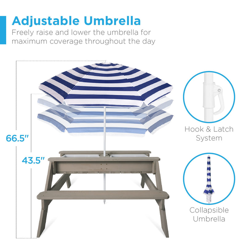 3-in-1 Kids Sand & Water Table Outdoor Wood Picnic Table w/ Umbrella
