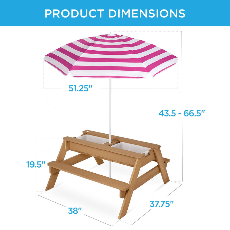 3-in-1 Kids Sand & Water Table Outdoor Wood Picnic Table w/ Umbrella