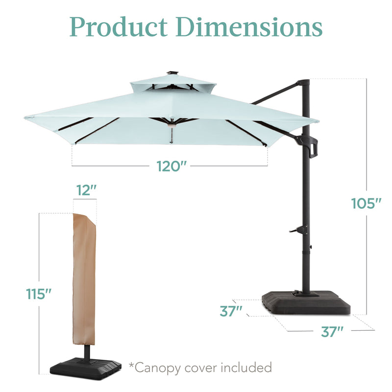 2-Tier Square LED Cantilever Offset Umbrella w/ 360 Rotation, Base - 10x10ft - Kivo Store
