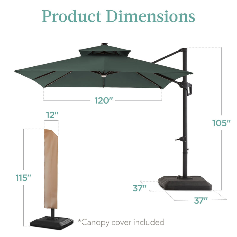 2-Tier Square LED Cantilever Offset Umbrella w/ 360 Rotation, Base - 10x10ft - Kivo Store