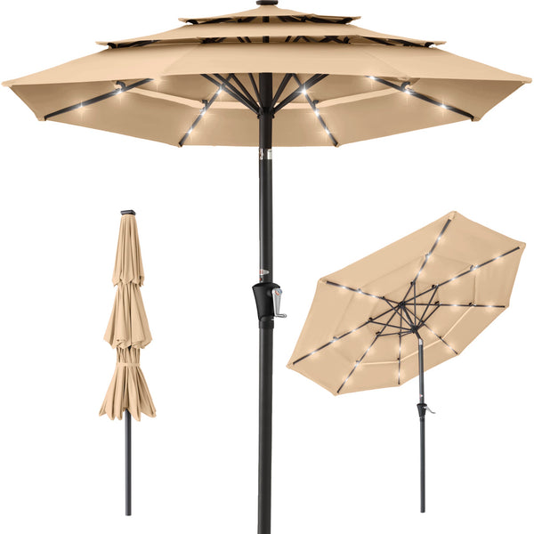 3-Tier Solar Patio Umbrella w/ LED Lights, Tilt Adjustment, Crank - 10ft - Kivo Store