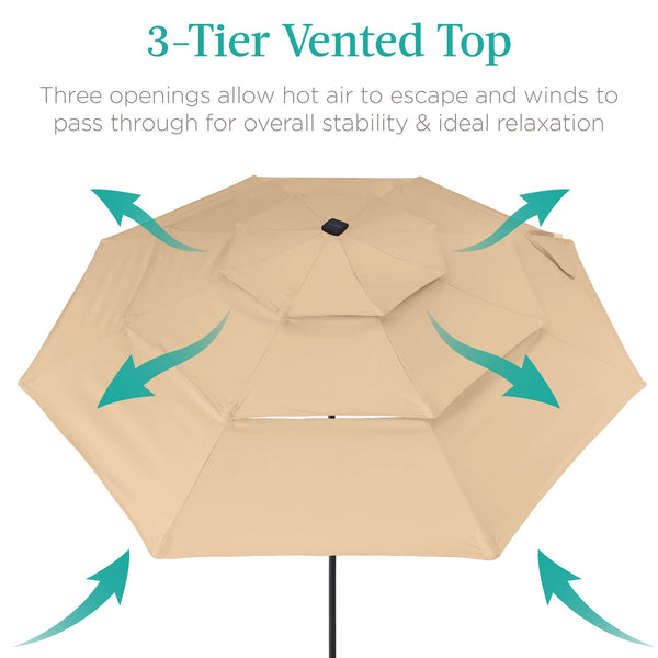 3-Tier Solar Patio Umbrella w/ LED Lights, Tilt Adjustment, Crank - 10ft - Kivo Store