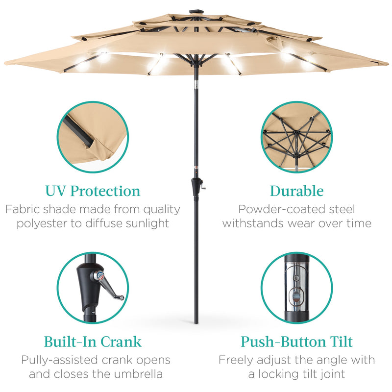 3-Tier Solar Patio Umbrella w/ LED Lights, Tilt Adjustment, Crank - 10ft - Kivo Store