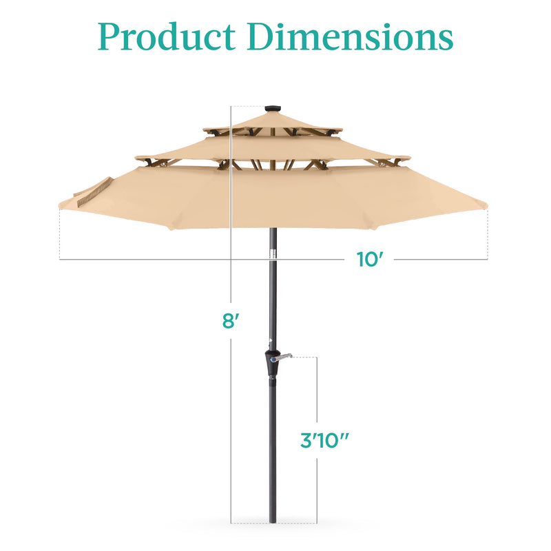3-Tier Solar Patio Umbrella w/ LED Lights, Tilt Adjustment, Crank - 10ft - Kivo Store