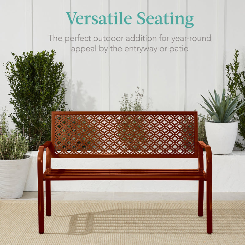 Indoor Outdoor Steel Bench w/ Geometric Backrest, Foot Levelers - Kivo Store