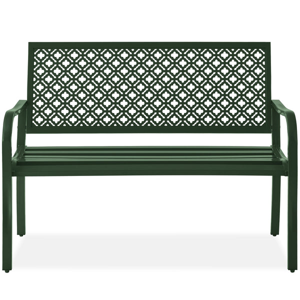 Indoor Outdoor Steel Bench w/ Geometric Backrest, Foot Levelers - Kivo Store