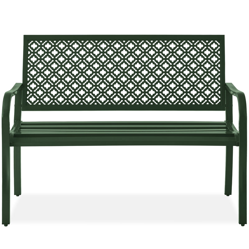 Indoor Outdoor Steel Bench w/ Geometric Backrest, Foot Levelers - Kivo Store