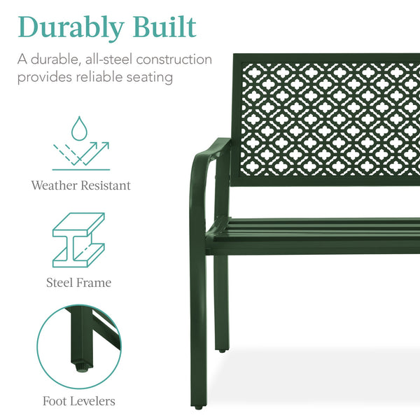 Indoor Outdoor Steel Bench w/ Geometric Backrest, Foot Levelers - Kivo Store