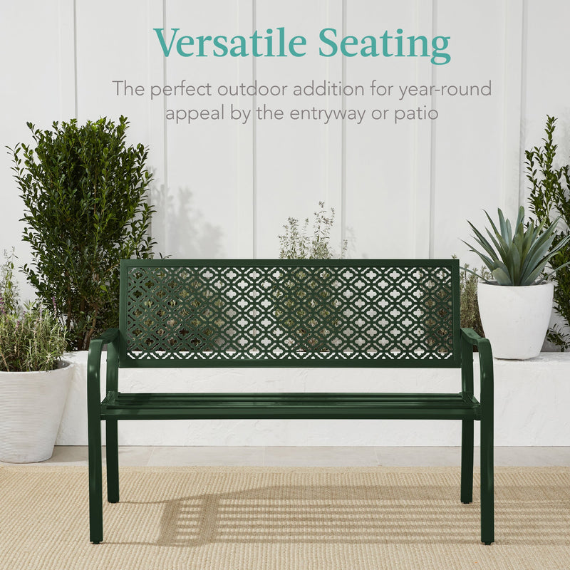 Indoor Outdoor Steel Bench w/ Geometric Backrest, Foot Levelers - Kivo Store