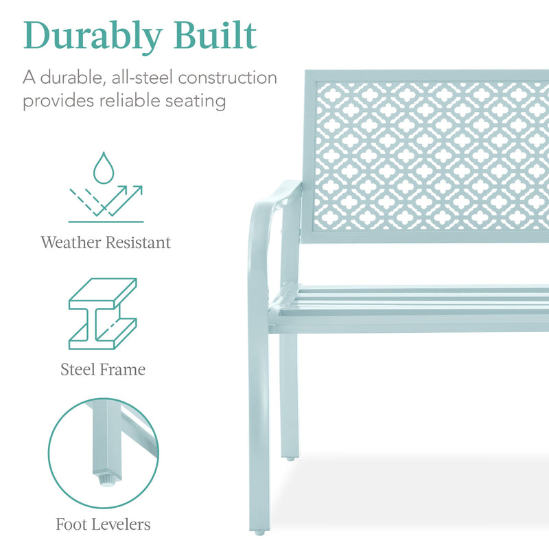 Indoor Outdoor Steel Bench w/ Geometric Backrest, Foot Levelers - Kivo Store