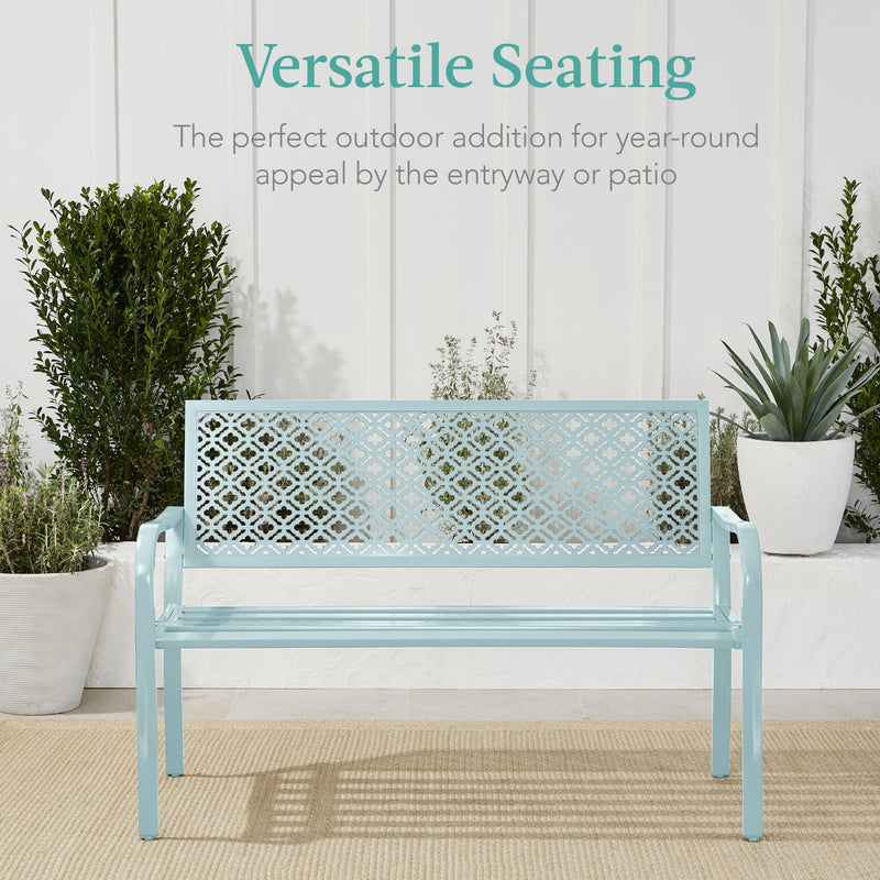 Indoor Outdoor Steel Bench w/ Geometric Backrest, Foot Levelers - Kivo Store