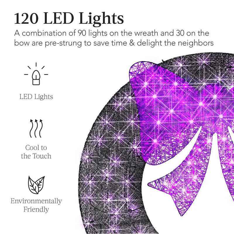 Pre-Lit Outdoor Halloween Wreath, LED Metal Holiday Decor w/ Bow - 36in