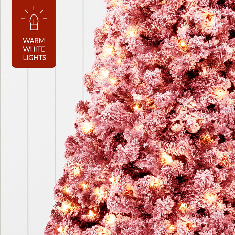 Pre-Lit Red Flocked Artificial Pine Christmas Tree w/ White Lights