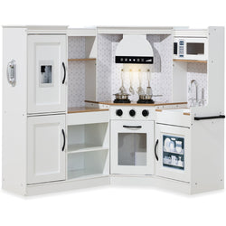 Pretend Play Corner Kitchen Wooden Toy Set for Kids w/ Lights, Sounds