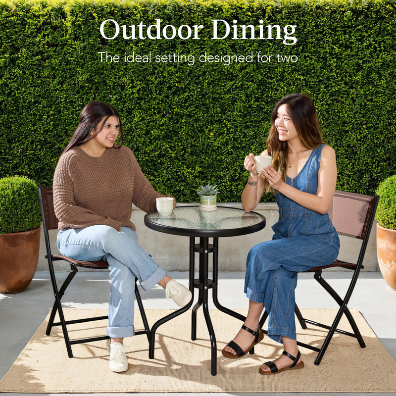3-Piece Bistro Set w/ Glass Table, 2 Foldable Chairs