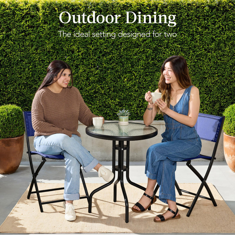 3-Piece Bistro Set w/ Glass Table, 2 Foldable Chairs