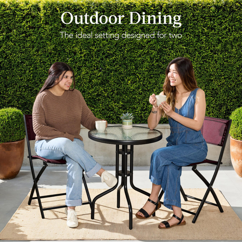3-Piece Bistro Set w/ Glass Table, 2 Foldable Chairs
