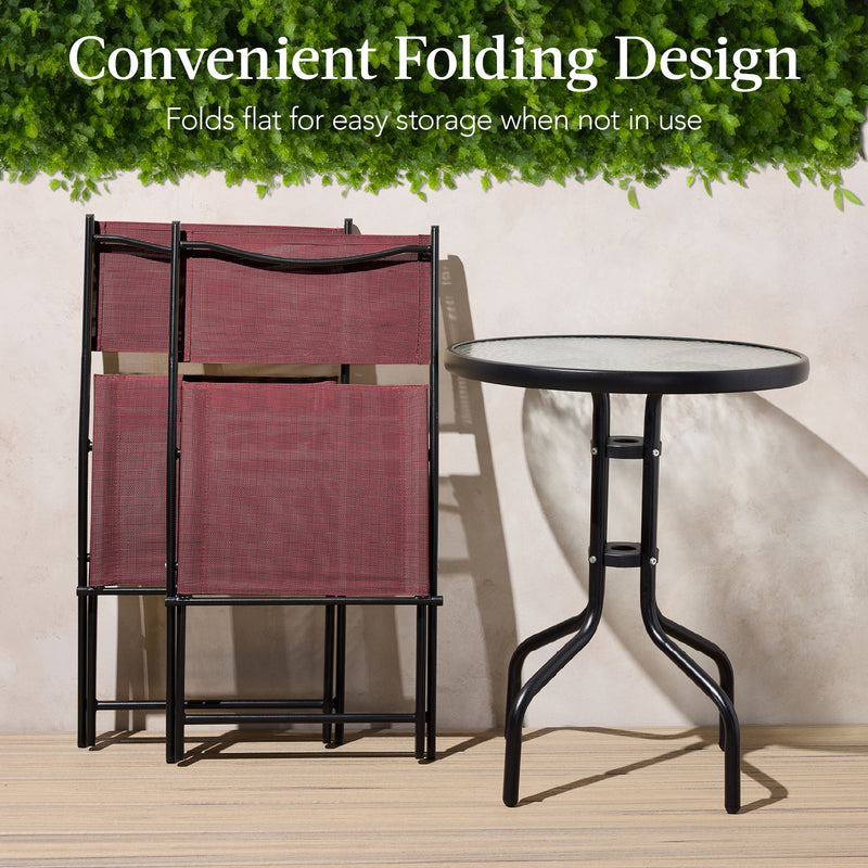 3-Piece Bistro Set w/ Glass Table, 2 Foldable Chairs
