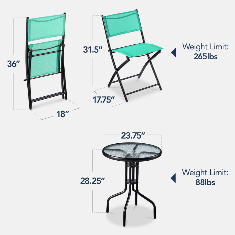 3-Piece Bistro Set w/ Glass Table, 2 Foldable Chairs