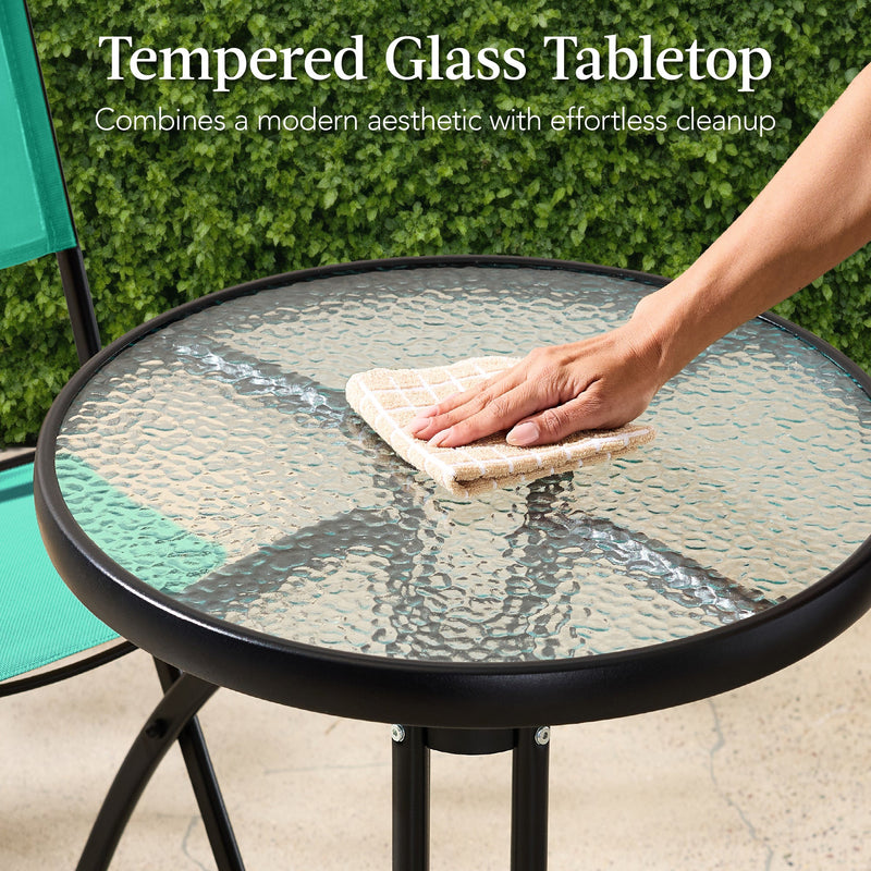 3-Piece Bistro Set w/ Glass Table, 2 Foldable Chairs