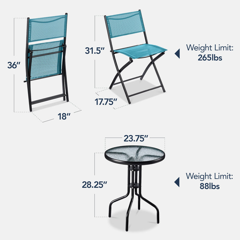 3-Piece Bistro Set w/ Glass Table, 2 Foldable Chairs