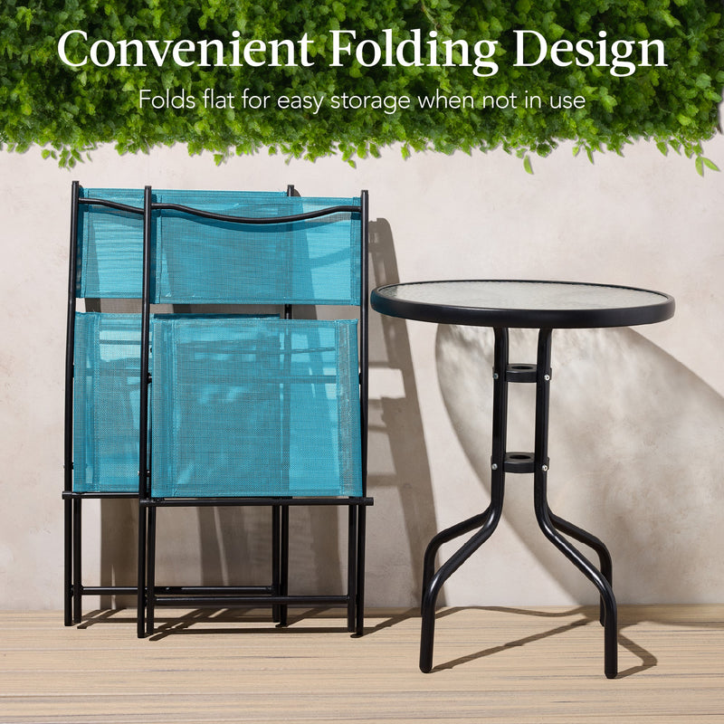 3-Piece Bistro Set w/ Glass Table, 2 Foldable Chairs