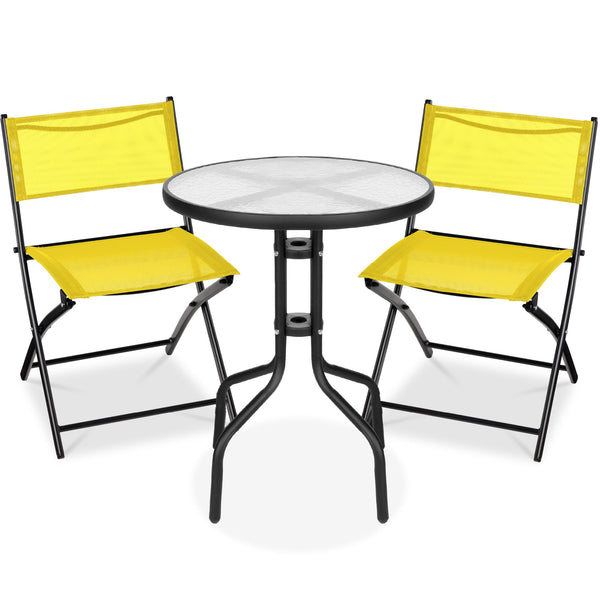 3-Piece Bistro Set w/ Glass Table, 2 Foldable Chairs