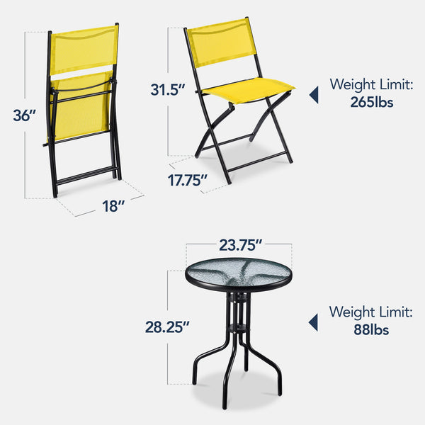 3-Piece Bistro Set w/ Glass Table, 2 Foldable Chairs
