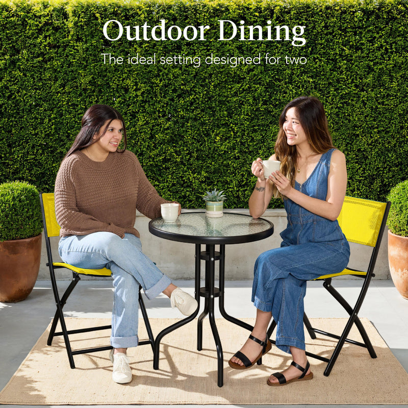 3-Piece Bistro Set w/ Glass Table, 2 Foldable Chairs