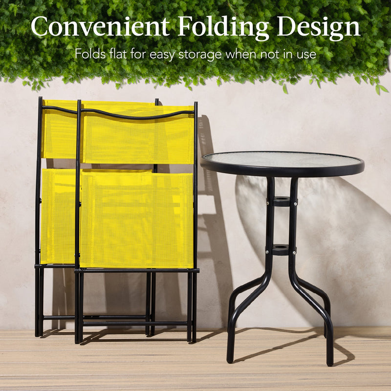 3-Piece Bistro Set w/ Glass Table, 2 Foldable Chairs