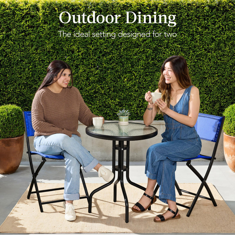 3-Piece Bistro Set w/ Glass Table, 2 Foldable Chairs