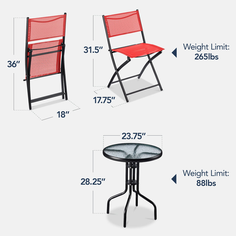 3-Piece Bistro Set w/ Glass Table, 2 Foldable Chairs