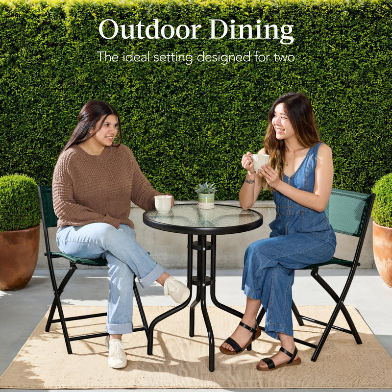 3-Piece Bistro Set w/ Glass Table, 2 Foldable Chairs