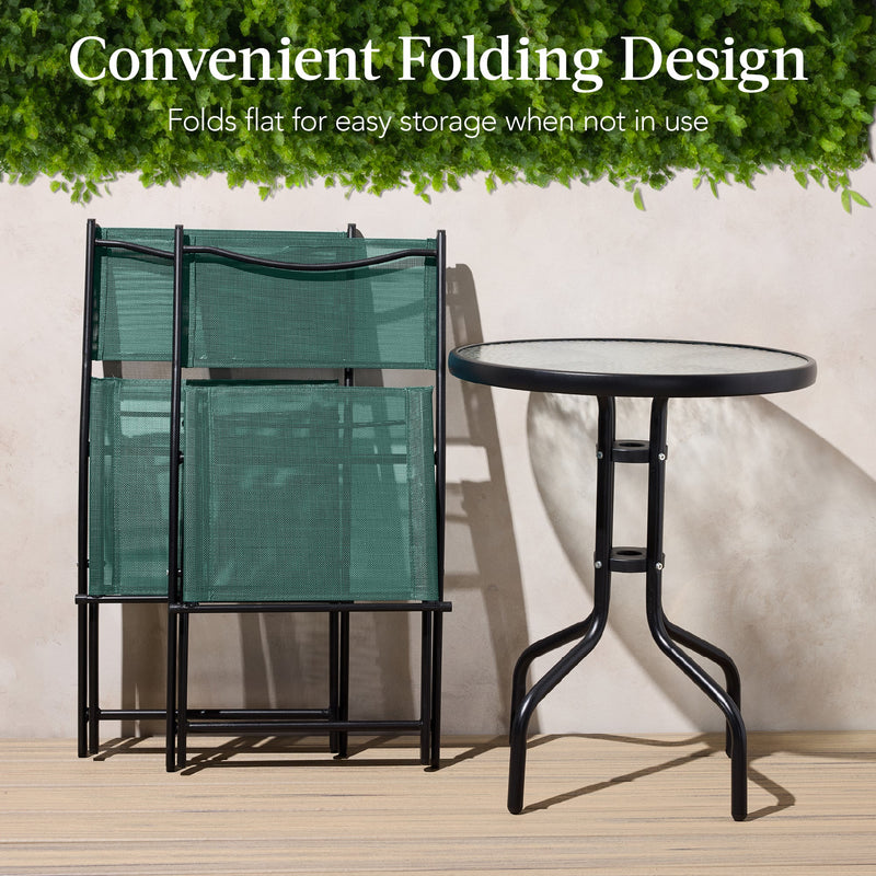3-Piece Bistro Set w/ Glass Table, 2 Foldable Chairs