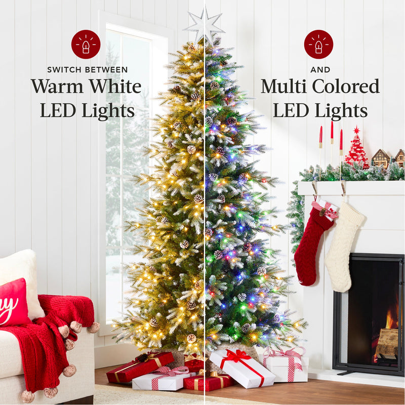 Pre-Lit Artificial Flocked Slim Aspen Noble Fir Christmas Tree w/ Stand