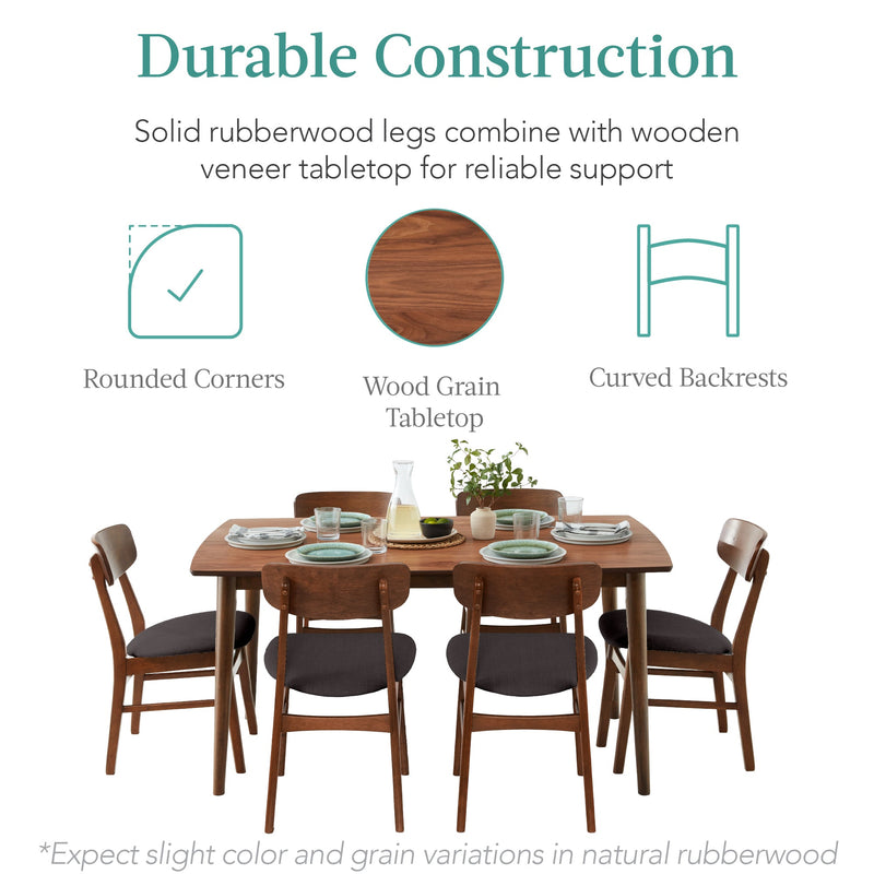 7-Piece Mid-Century Modern Dining Set, Wood Upholstered w/ 6 Chairs