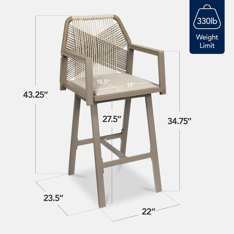 Set of 2 Indoor/Outdoor Aluminum Swivel Barstools with Arms All-Weather Rope