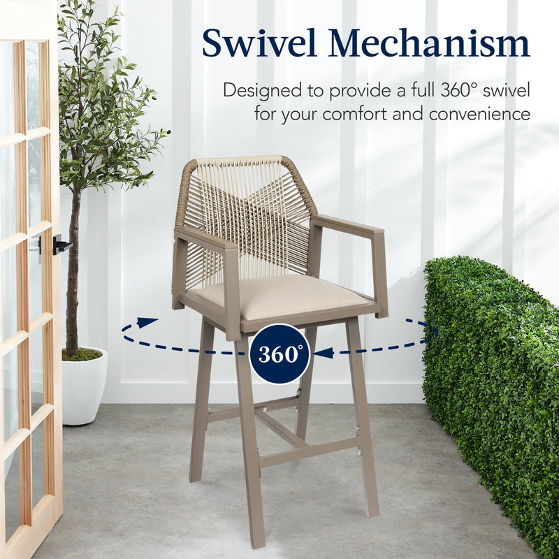 Set of 2 Indoor/Outdoor Aluminum Swivel Barstools with Arms All-Weather Rope