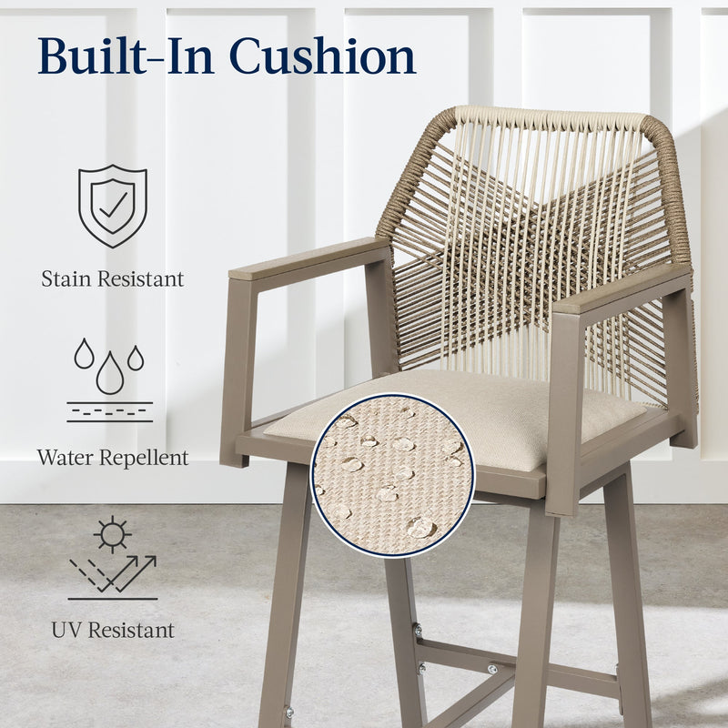 Set of 2 Indoor/Outdoor Aluminum Swivel Barstools with Arms All-Weather Rope